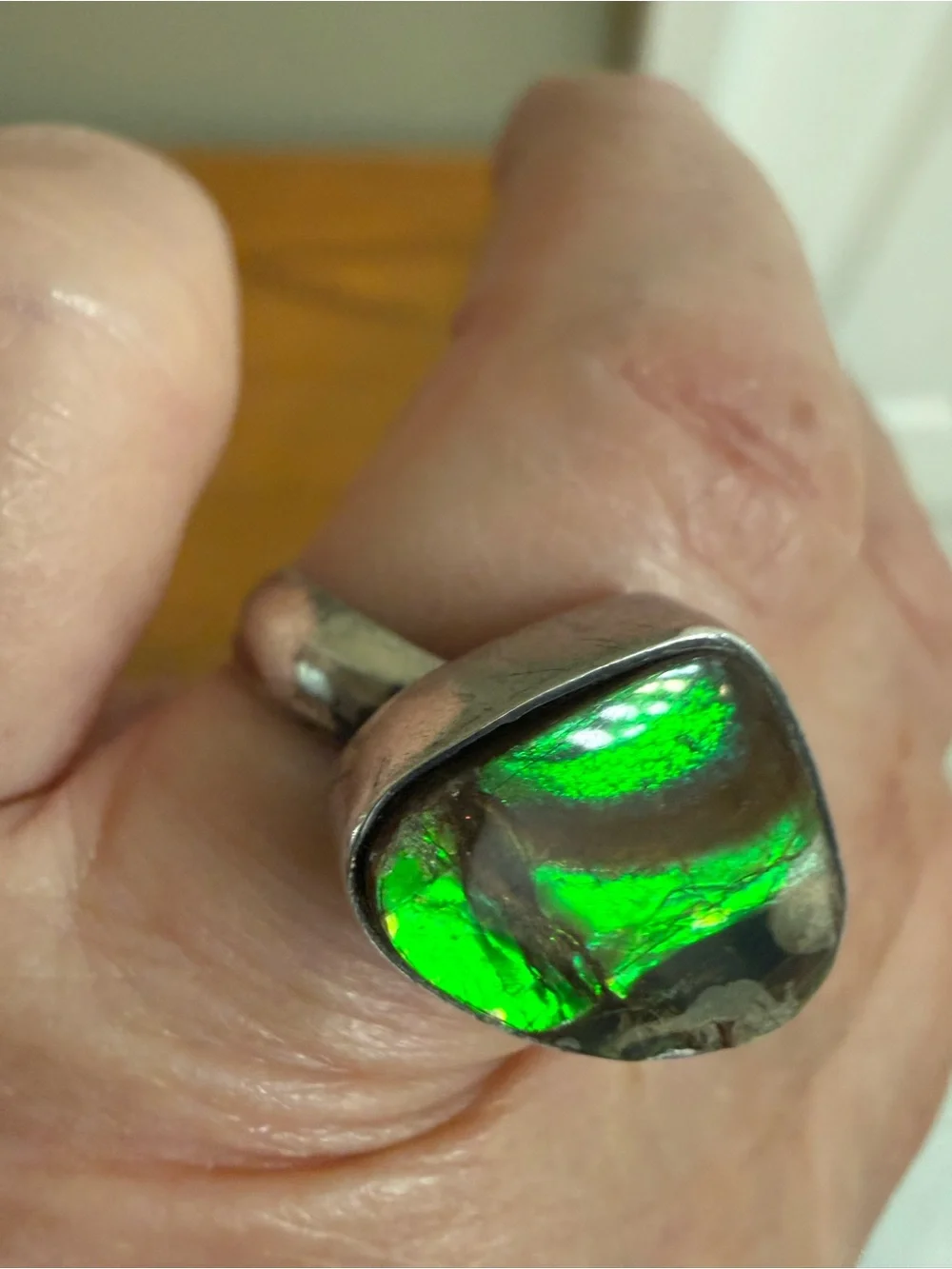 Vintage Ammolite Ring 925 Sterling Silver Size 9 Green Stone